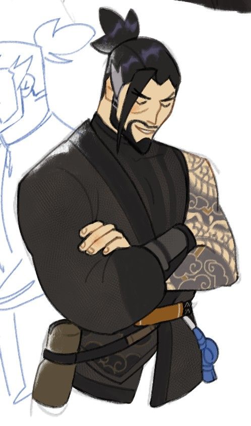 this is a digital illustration of a man with black hair pulled back in a bun, wearing a black kimono, with a demon mask over his face,  his body art is visible on his arm, and he is looking down. the background is simple and white.  the man looks serious and intimidating.