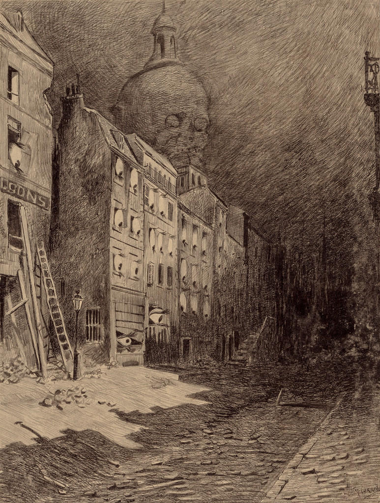 the image is of a dark and deserted city street at night. the buildings are old and some appear damaged. there is rubble on the street and a ladder propped up against a building on the left. the only light source is a street lamp, casting long shadows. a domed building looms in the background, partially obscured by the darkness.