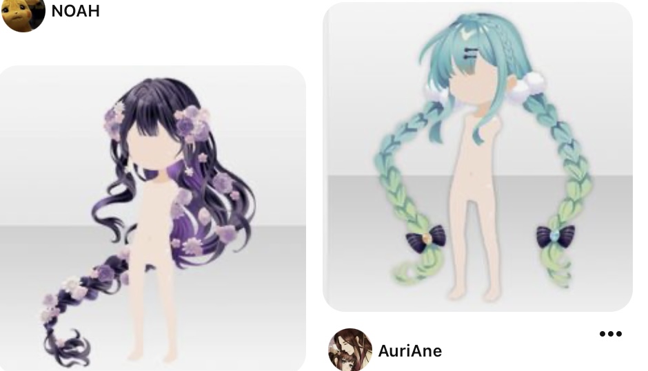 the image shows two different hairstyles for a female anime character. the first hairstyle features long, wavy black hair with purple flowers, while the second hairstyle features long, braided teal hair with black bows. both hairstyles are shown on a blank character model, allowing viewers to imagine how the hairstyles would look on their own characters.
