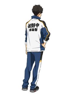 the image shows a young man with short, dark hair, wearing a blue and white tracksuit with japanese characters on the back. he is standing with his back to the viewer and his right hand on his hip. the background is white, and the lighting is bright and even, suggesting a studio setting.