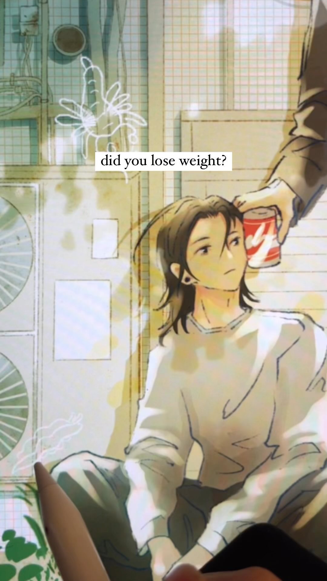 the image is a digital drawing or painting in an anime/manga style. it depicts a young man with long brown hair sitting down, appearing somewhat pensive.  an older hand is seen giving him a can of soda. a text bubble above them asks, "did you lose weight?". the background suggests an indoor setting, with hints of architectural details and some indistinct objects. the overall style is soft and light, with a slightly muted color palette.  the illustration feels emotional and intimate, suggesting a conversation or interaction between the two figures.