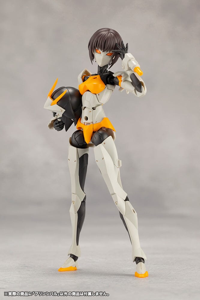 a white and orange female mecha figurine stands against a gray background. the figurine is highly detailed, with articulated limbs and a sleek design. she is holding a black and orange helmet in her left hand.