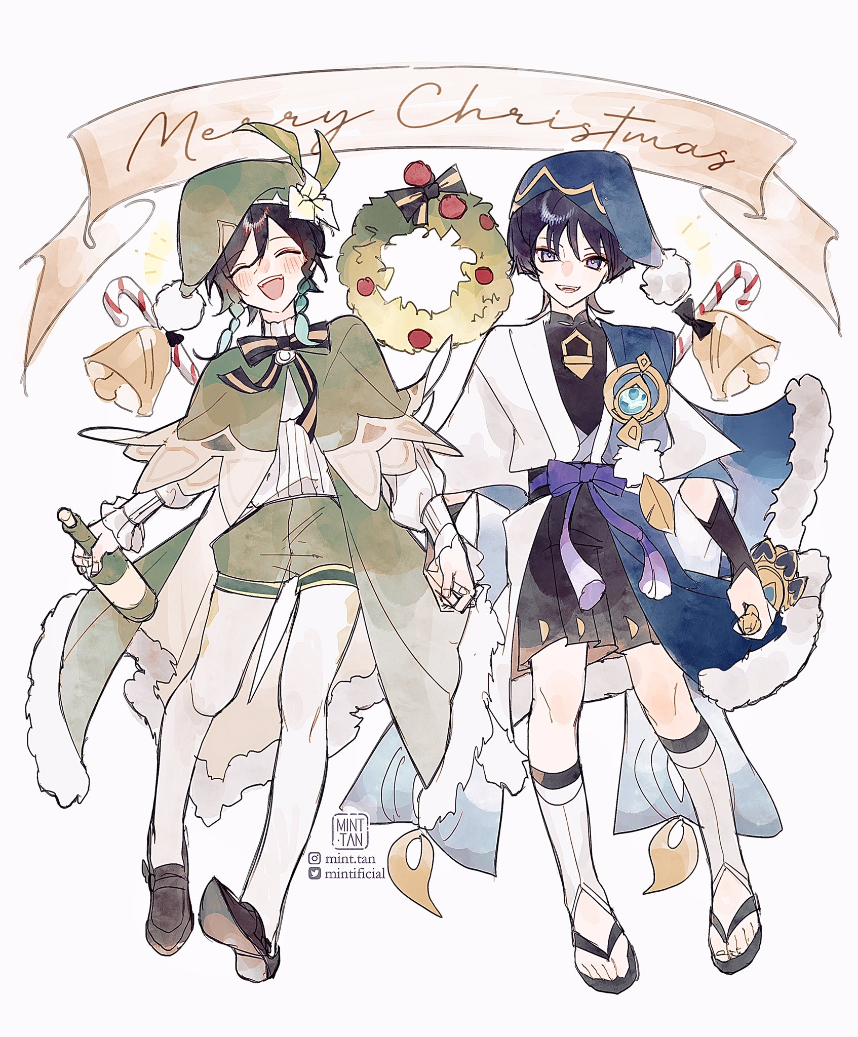 the image depicts two anime characters celebrating christmas. both characters are dressed in festive attire, with one wearing a green outfit with a santa hat and the other wearing blue attire with a snowcovered beanie. they are holding a bottle of champagne and a present, symbolizing the joy of the season. the backdrop features a christmas wreath and a banner with "merry christmas" written on it, creating a festive ambiance. the characters are smiling and radiating cheer, highlighting the spirit of friendship and togetherness during christmas. the art style is soft and whimsical, with a watercolor effect, adding a touch of warmth and coziness to the illustration. overall, the image conveys a cheerful and heartwarming christmas celebration, showcasing the joy and camaraderie of the holiday season.