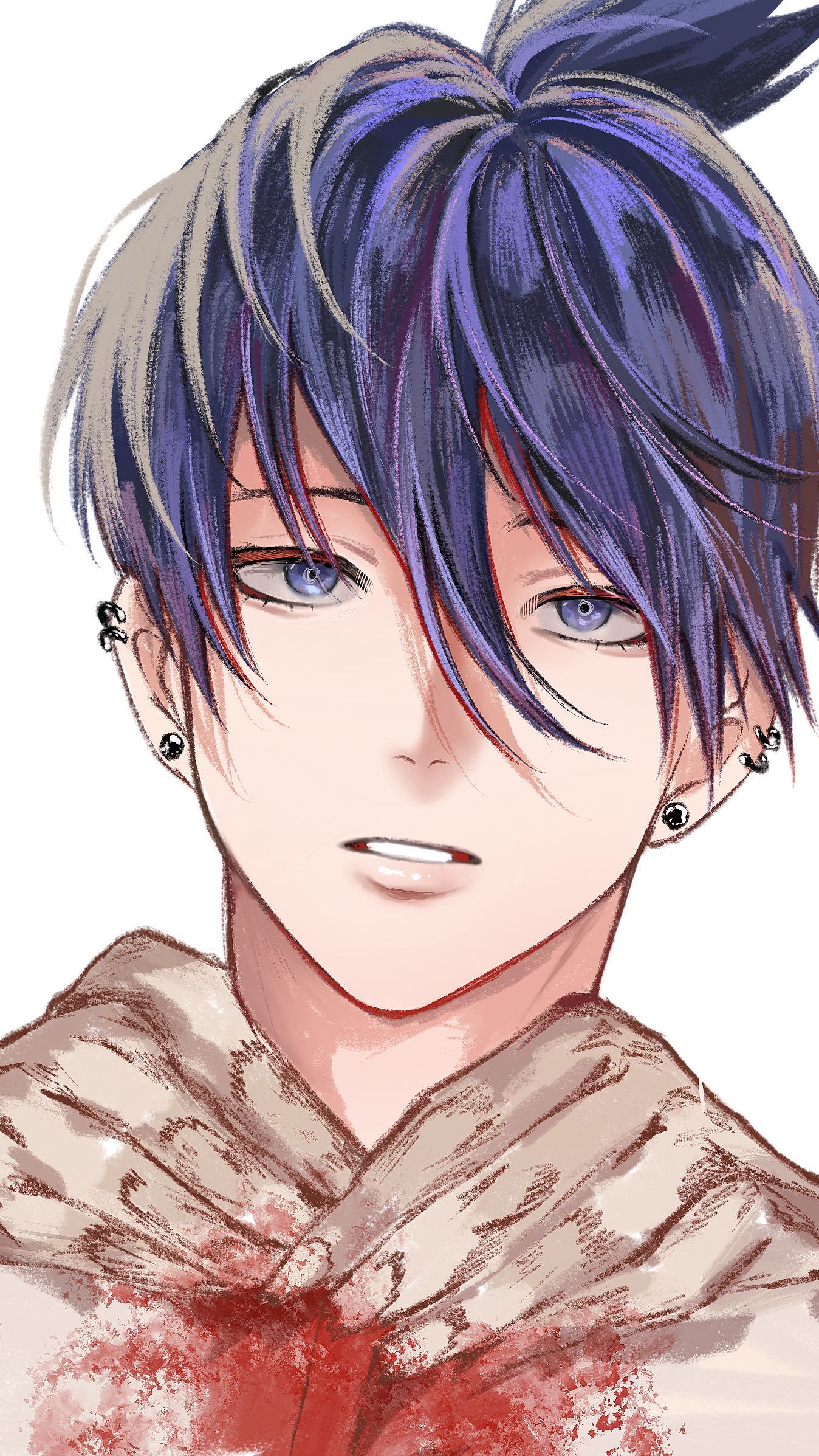 closeup portrait of an animestyle boy with purple and gray hair styled in a halfupdo. he has striking blue eyes and multiple ear piercings. he's wearing a tan hoodie, stained with what seems to be blood. the art style is soft, with visible brushstrokes giving a painterly feel. the overall mood is slightly melancholic but also captivating.