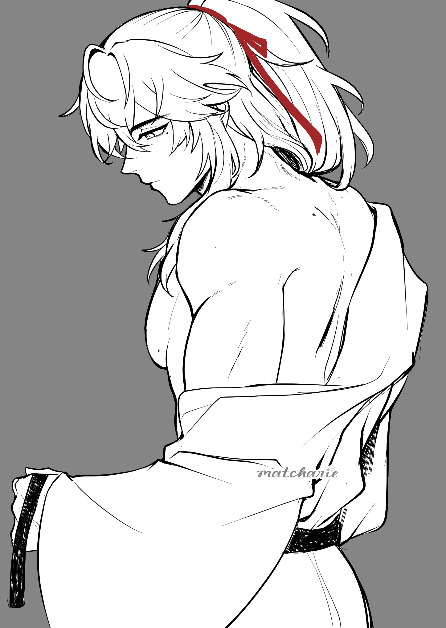 this is a black and white illustration of a male anime character with long white hair pulled back with a red ribbon. he is shirtless, with a black sash around his waist, showing off his muscular physique. the character is drawn in a minimalist style, with clean lines and a focus on the anatomy. the background is a solid gray color, making the character stand out. the image is likely from an anime or manga series.