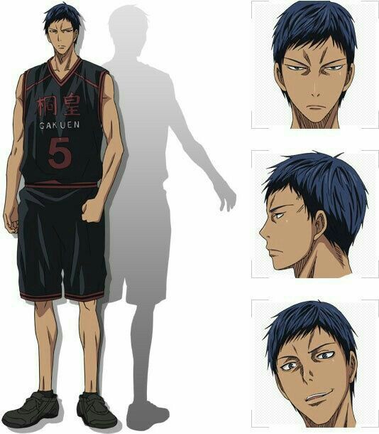 the image shows an anime character standing in a basketball uniform. he's wearing a black jersey with red accents, black shorts, and black shoes. he has short, blue hair and brown eyes. the character is looking at the viewer, but a shadow is casting over his body. additionally, there are three headshot images of the character with different facial expressions.  one headshot is facing front, while the others are facing the side.