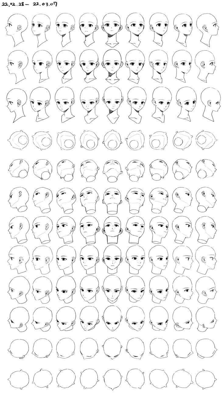 the image is a collection of various anime/manga style head drawings showing different angles and expressions.  there are multiple rows and columns depicting variations in head tilt, facing direction, and subtle facial features. each drawing is simple, focusing on the basic structure of the head and face. the style is clean, minimalist line art with no shading or texture. the drawings appear to be intended as reference material for artists learning to draw anime/manga characters.