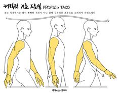 the image is a drawing tutorial on how to draw different arm poses from a side view. there are three figures demonstrating the arm positions. the instructions and notes are in korean.