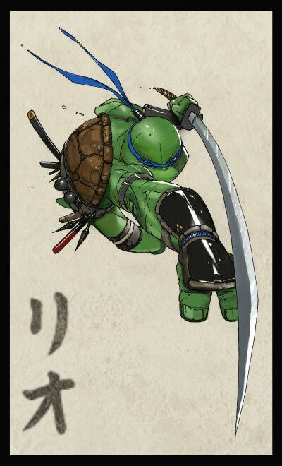 a close up of leonardo, the ninja turtle, in a dynamic pose. he is wielding a katana, with a blue bandana billowing behind him. the background is simple, white with a traditional japanese symbol for "water" written in black ink. the overall style is comic book inspired, with bold lines and vibrant colors.