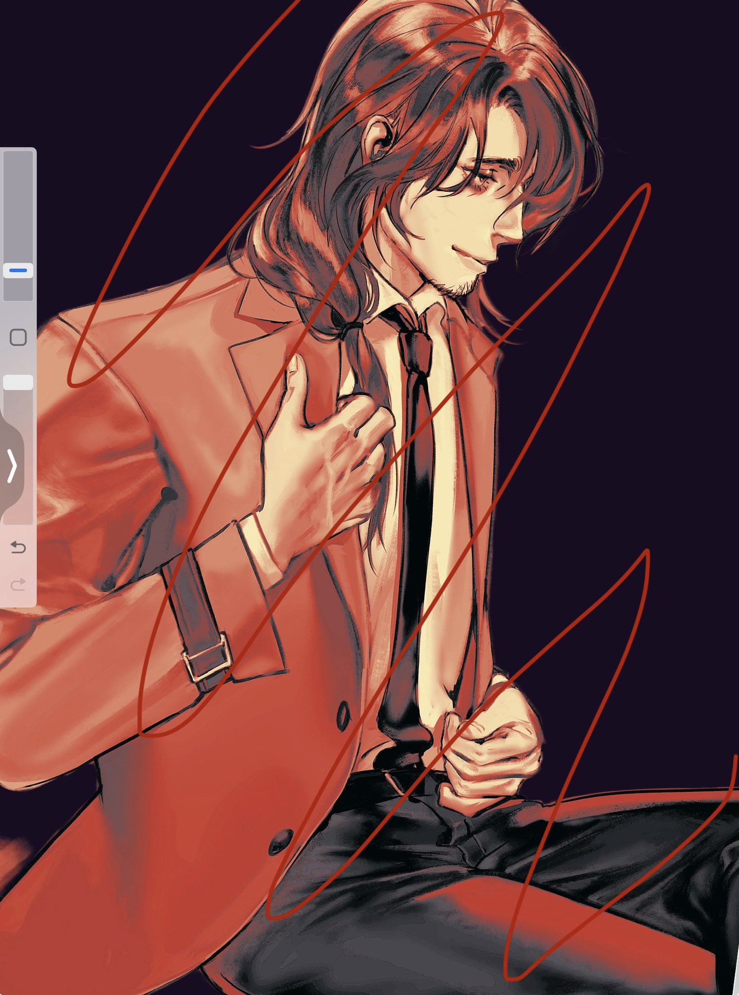 this is a digitally illustrated image of a man in a red jacket. he is sitting with a serious expression on his face and has one hand in his jacket and the other on his lap. he is looking down at the ground, and his long dark hair is falling over his face. the background is dark, with the only light coming from a single spotlight. the art style is highly detailed, with strong lines and a sense of realism. the man's expression is stoic and almost mournful, suggesting that he is dealing with some internal struggle. the lighting and shadows create a sense of mystery and drama, and the overall mood is one of introspection and melancholy.