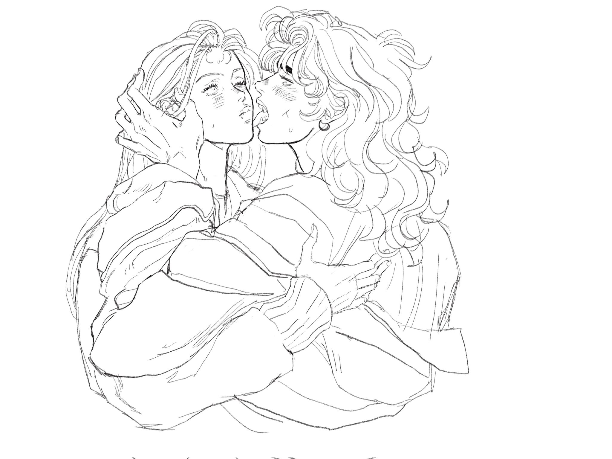 a line art drawing depicts two individuals in a close embrace and kissing. one individual has long, straight hair, while the other has curly hair. they are both wearing sweatshirts. the image conveys affection and tenderness between the couple.