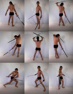 a collage of nine images of a shirtless man, wielding swords, showcasing different action poses and demonstrating various combat stances.  each pose focuses on a different sword fighting move. the white background highlights the man's athletic build and enhances the sharpness of the swords. the man appears to be training for combat, emphasizing his strength and agility.