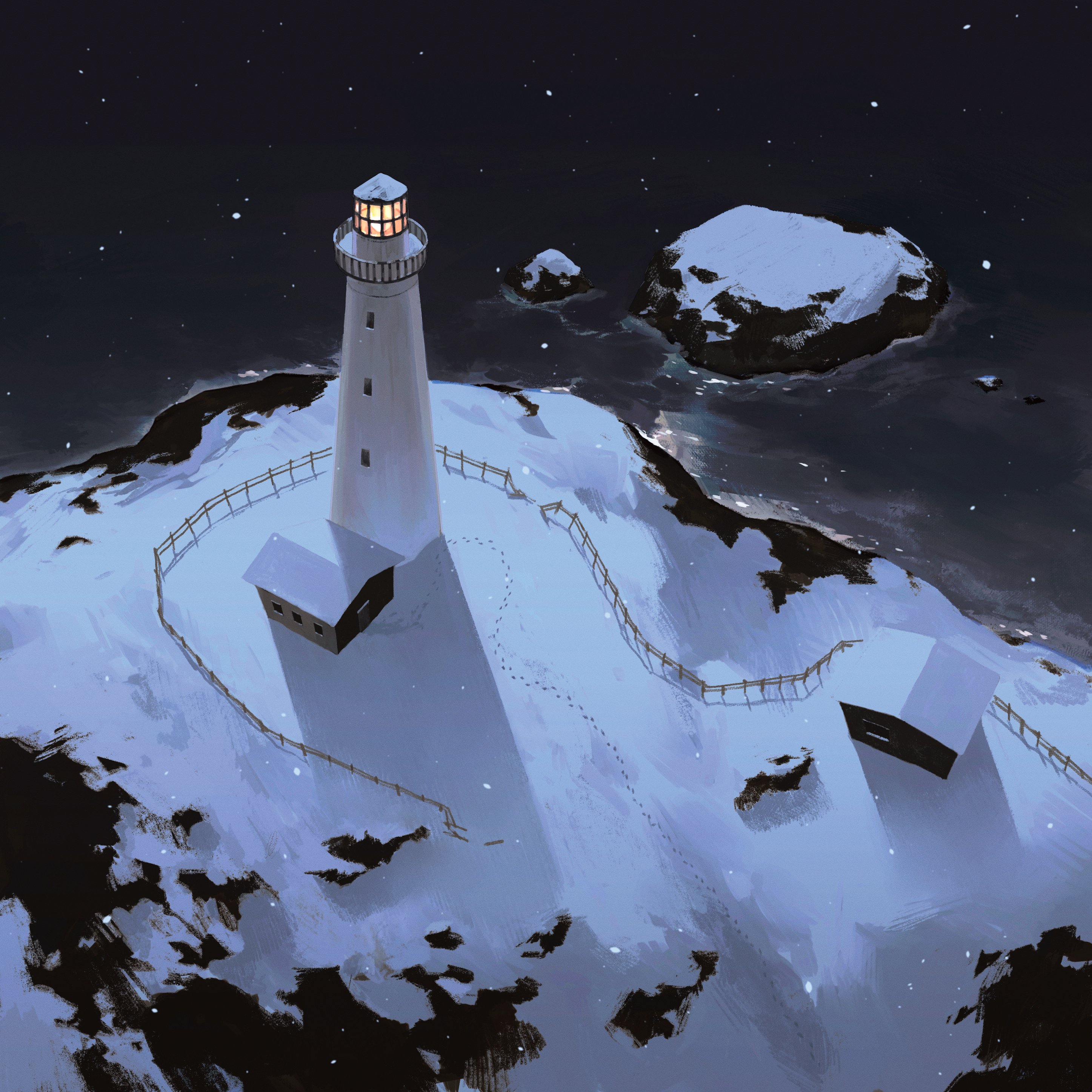 the image is a digital painting depicting a snowy, wintery scene at night. a tall, white lighthouse stands prominently on a snowcovered cliff overlooking a dark sea. smaller buildings, possibly a keeper's house and outbuildings, are situated near the lighthouse. a simple fence winds its way around the structures. footprints in the snow suggest recent activity. the scene is lit by the lighthouse's warm light, creating a stark contrast against the dark, cold night. rocks and the dark ocean are visible in the background. the overall mood is peaceful and serene, conveying a sense of isolation and the quiet beauty of a winter night. the artwork is done in a painterly style with visible brushstrokes, particularly in the depiction of the snow and water.