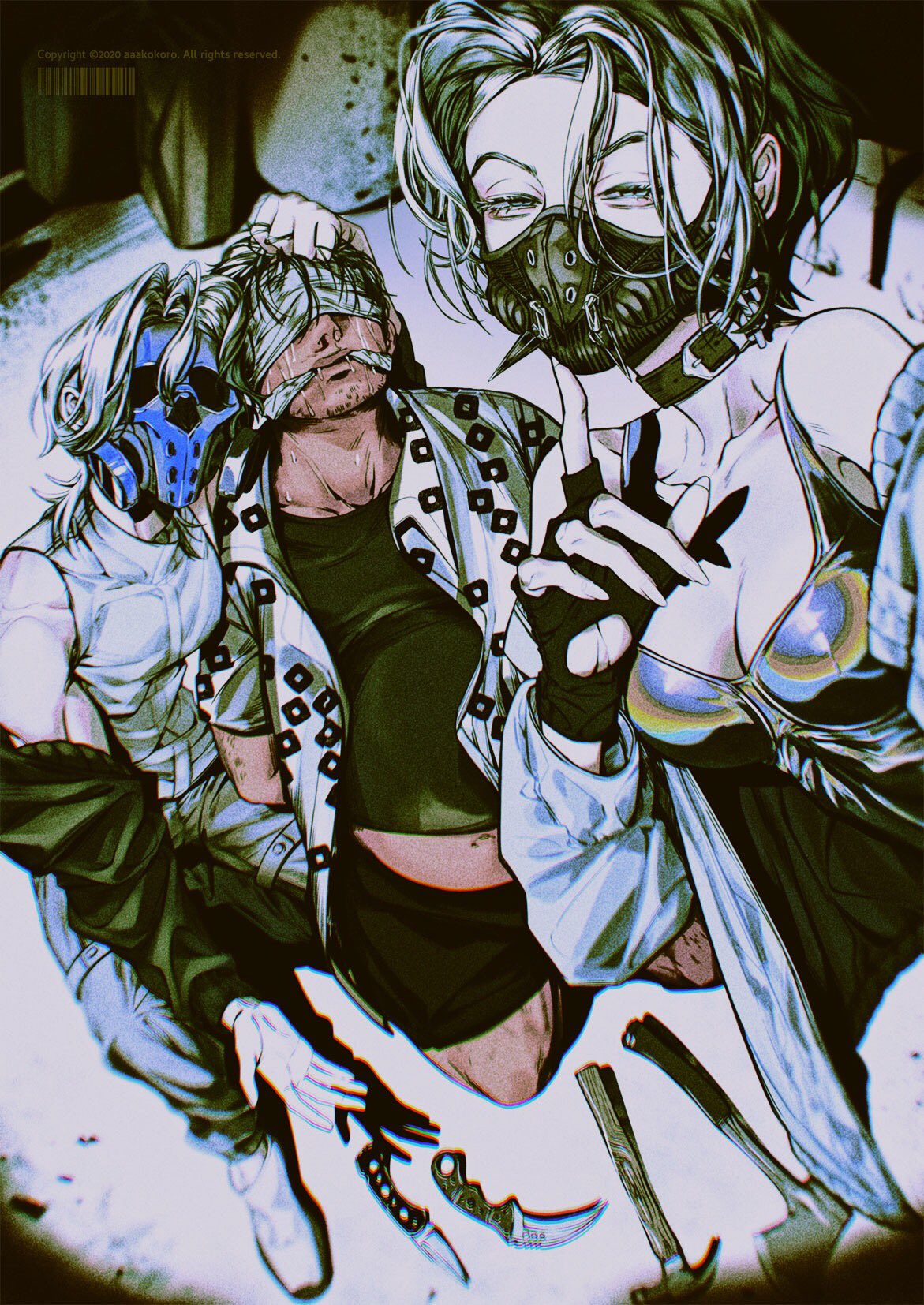 the image showcases two figures, a man and a woman, locked in a fierce confrontation within a dimly lit, industrial setting. the woman, clad in a revealing outfit and a menacing mask, dominates the foreground. her expression is one of ruthless confidence. she holds a knife, with more scattered around her feet, hinting at a violent struggle. behind her, the man, his face partially obscured by a blindfold and a gas mask, appears subdued and possibly injured. the scene evokes a sense of danger and the raw brutality of a cyberpunk underworld.
