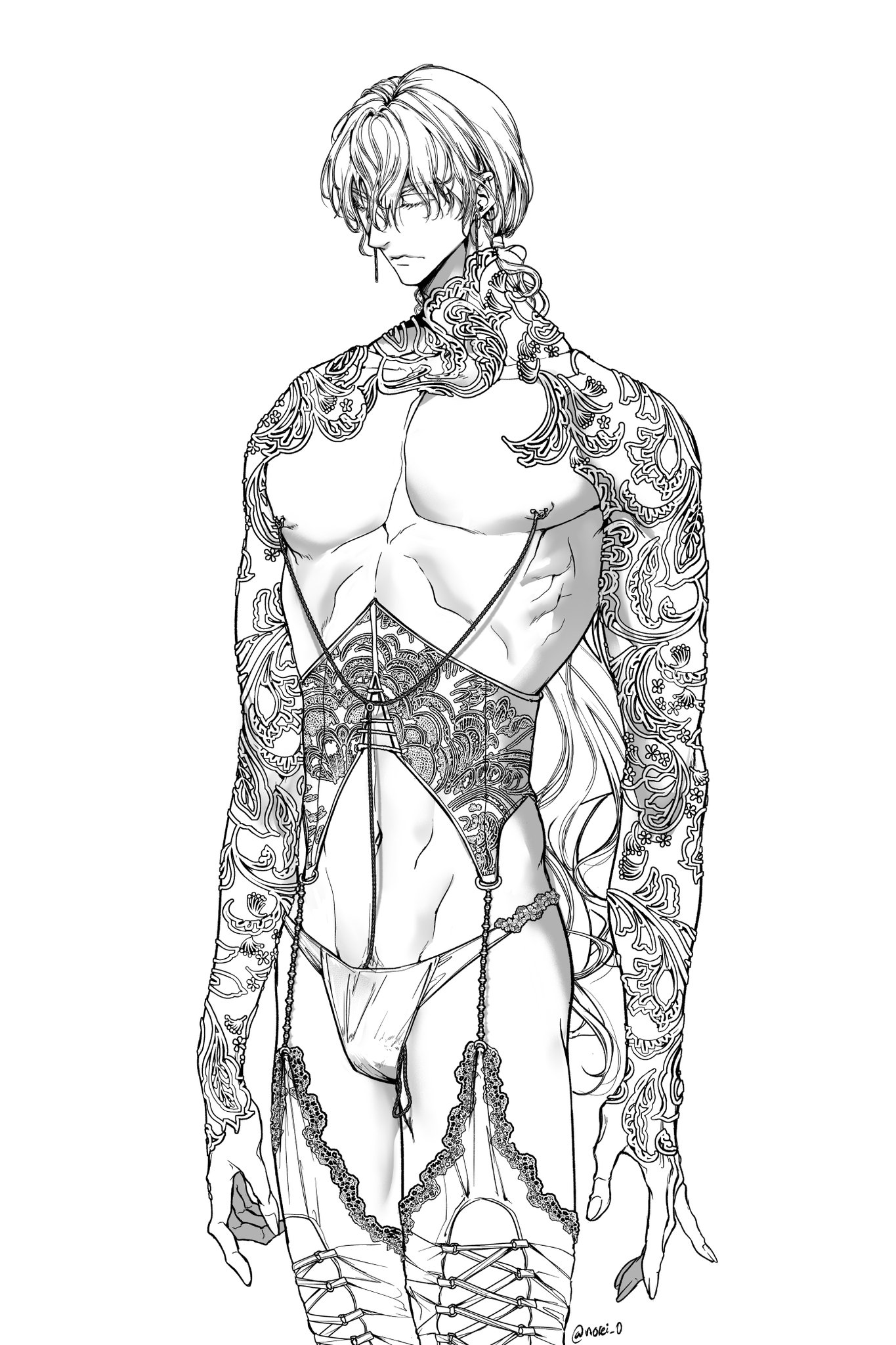 a line drawing of a muscular man with elaborate tattoos all over his body. he is