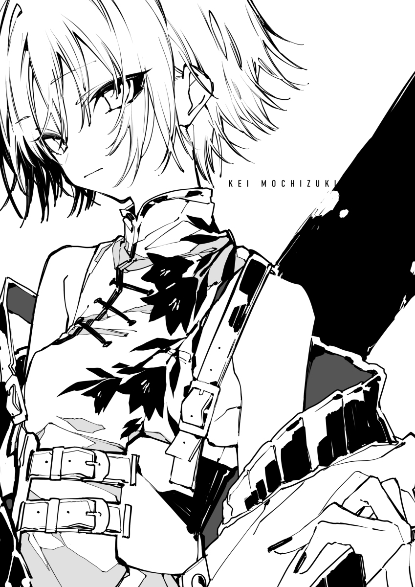 a black and white illustration of an anime girl with short hair, wearing a floral pattern dress with buckles and straps. the artist's name, kei mochizuki, is also present in the image.