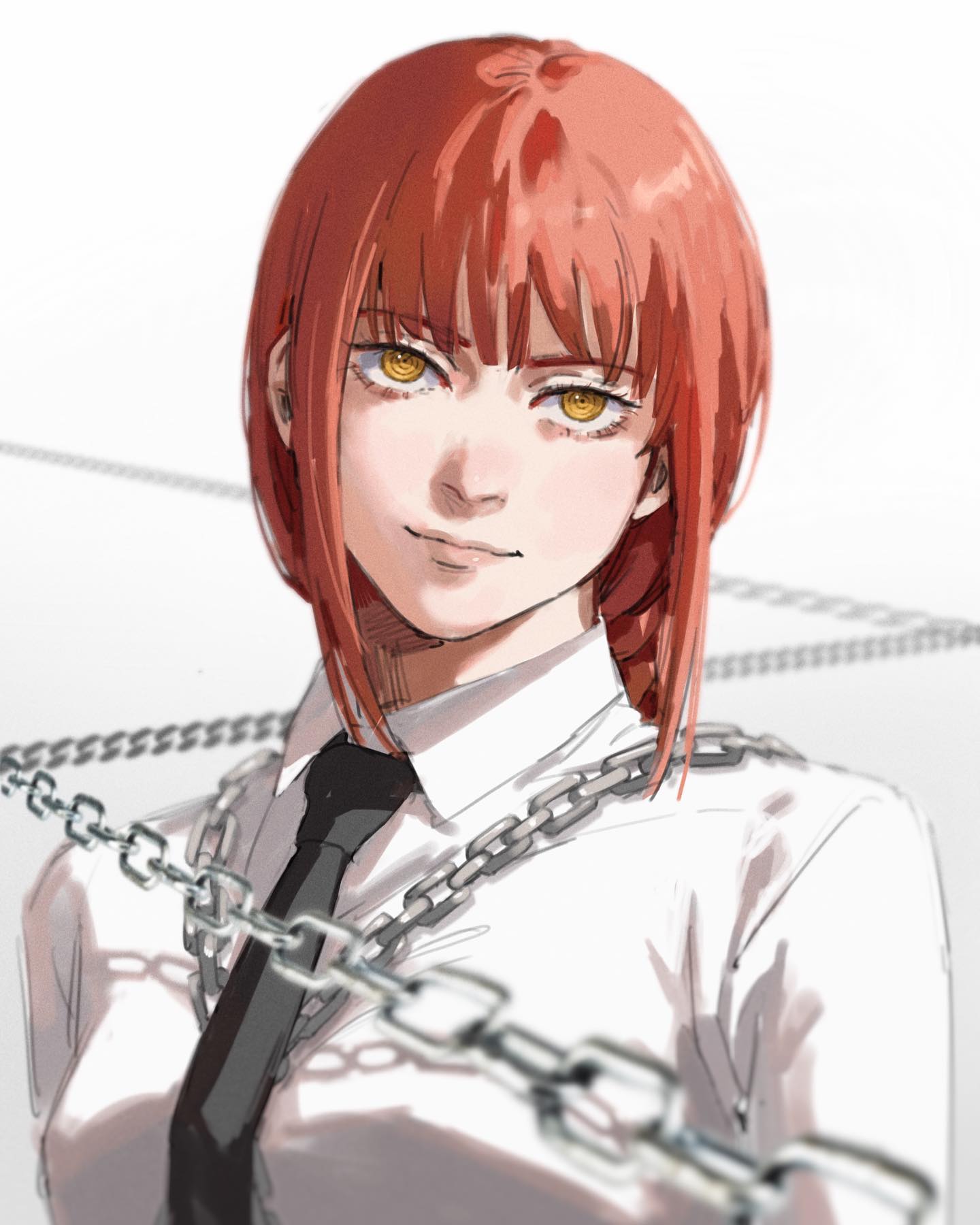 the image showcases a digital illustration of a young woman with vibrant red hair and striking yellow eyes. she's dressed in a white collared shirt and a black tie, accessorized with a silver chain draped across her torso. the background is a simple offwhite, emphasizing the subject. the lighting is soft, creating a gentle and approachable atmosphere. the woman's expression is confident and slightly mischievous, drawing the viewer's attention.