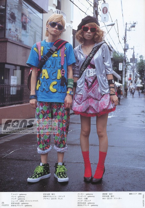 a fullcolor photograph of two young people posing on a city street. they are both wearing brightly colored clothing and accessories that are characteristic of harajuku street style. the photo appears to be taken from a fashion magazine, as there is japanese text and clothing descriptions printed on the bottom of the image.
