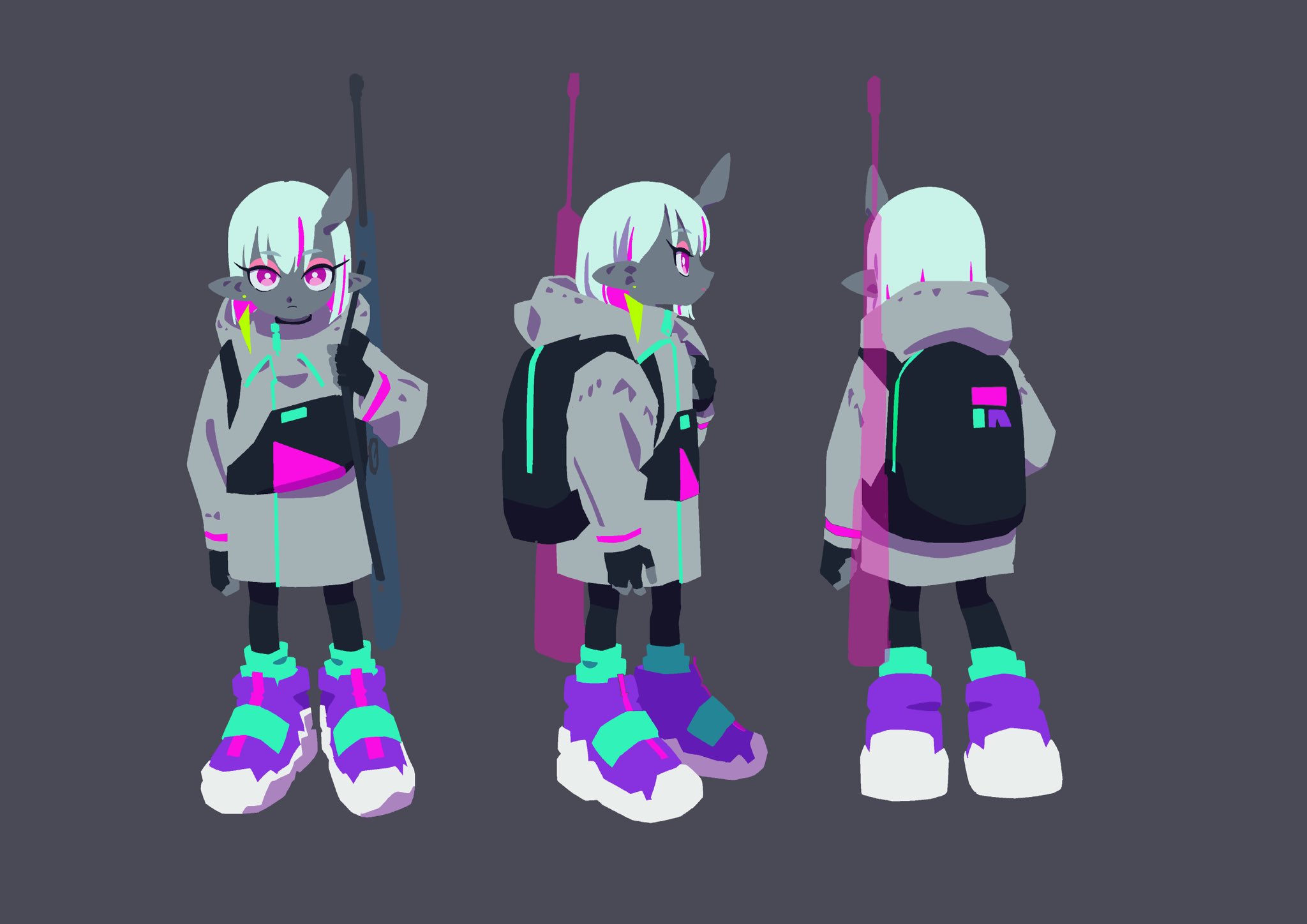 the image shows three views (front, threequarter, and back) of a character design. the character is a young demon girl with gray skin, white hair, and purple eyes. she's wearing a futuristic streetwear outfit with a grey jacket, black and purple accents, and teal sneakers. she carries a large rifle strapped to her back and a matching backpack. the style is reminiscent of cyberpunk and is brightly colored in shades of purple, teal, and gray.