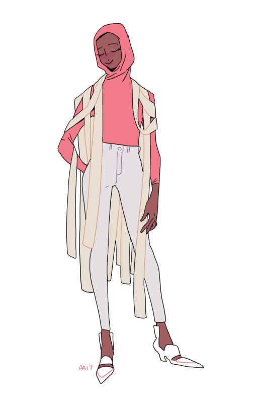 this is a digital fashion illustration of a young woman wearing a hijab, a longsleeved pink top, and lightgrey pants. she is also wearing a long, beige scarf styled in a unique and fashionable way.  her shoes are white heels. the style of the art is minimalist and clean with a pastel color palette. the woman has dark skin. the drawing is stylish and contemporary.