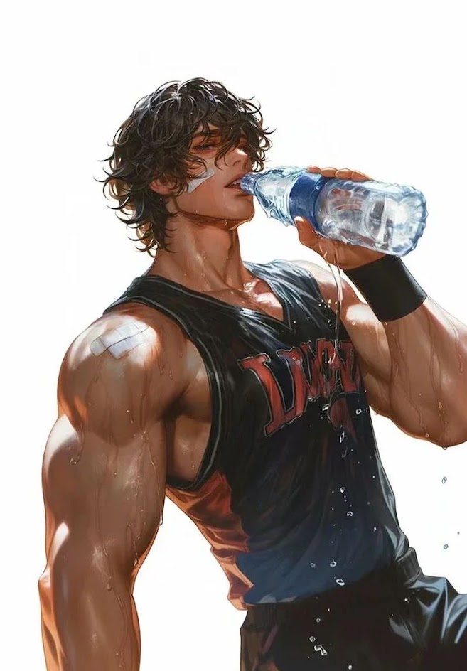 a muscular anime man in a basketball jersey drinks from a bottle of water. he is sweating and dripping with water, presumably after a hard workout.