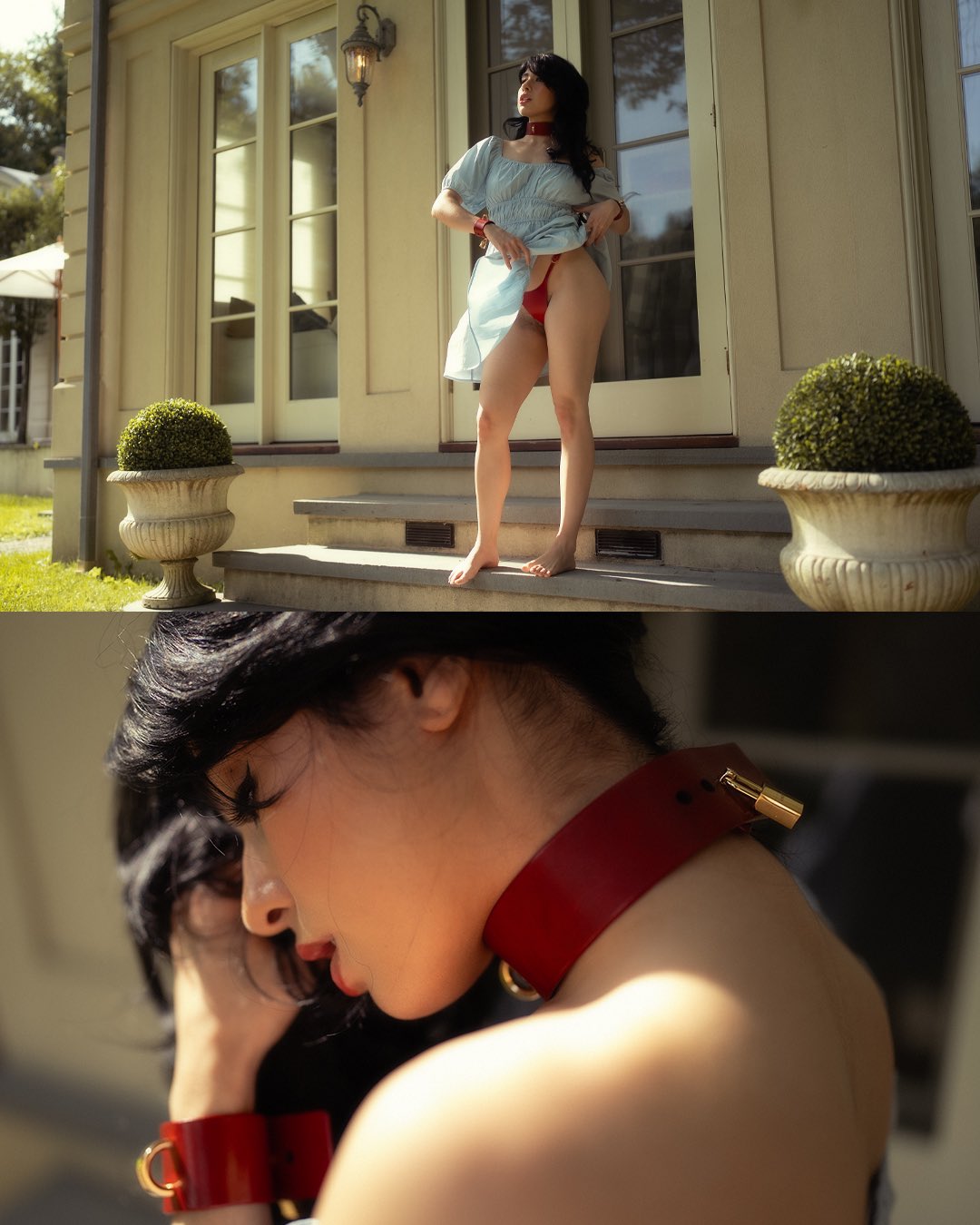 the image shows a woman standing on the steps of a building, wearing a dress and red thong. she is also wearing a red collar and bracelet. the second image shows a closeup of the woman's collar and bracelet.