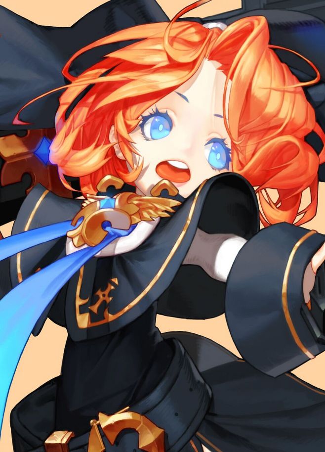 the image features a vibrant, animestyle illustration of a young girl dressed in a priestesslike outfit. she has bright orange hair, captivating blue eyes, and a cheerful expression with her mouth open, suggesting excitement. her attire is a striking contrast of dark blue and black, accented with gold and a prominent blue ribbon. the closeup perspective emphasizes her expressive face and intricate costume details.