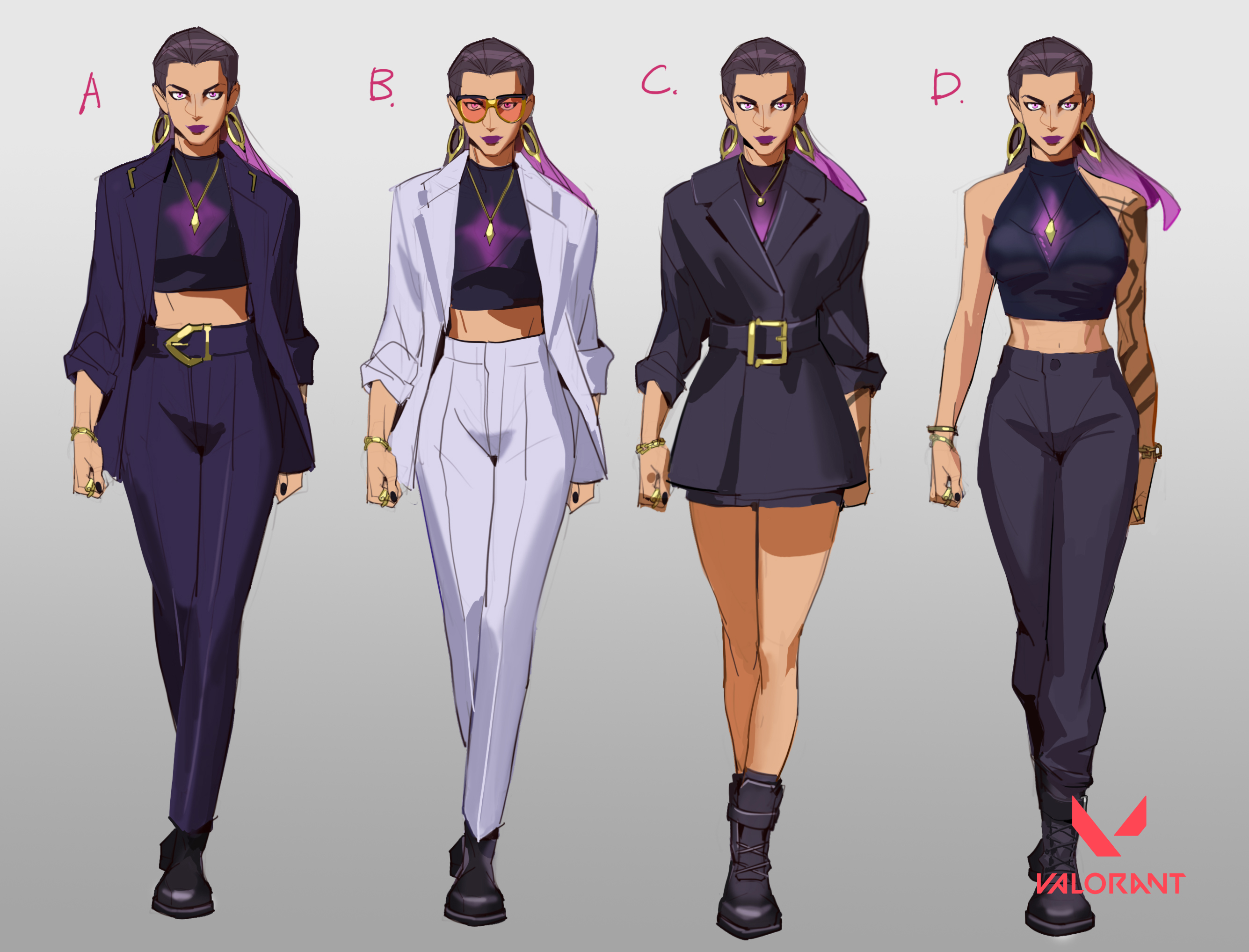 the image shows four different outfit designs for a female character in the video game valorant. each design features the same character model with variations in clothing style and color.  option a showcases a dark purple pantsuit; b displays a light purple pantsuit; c presents a shorter, dark purple jacket and skirt ensemble; and d shows a sleeveless dark top and pants with visible tattoos.  all designs incorporate similar accessories and a consistent hair and makeup style. the designs are presented in a clean, studiostyle format, likely for review or approval by designers. the valorant logo is subtly placed in the bottom right corner.