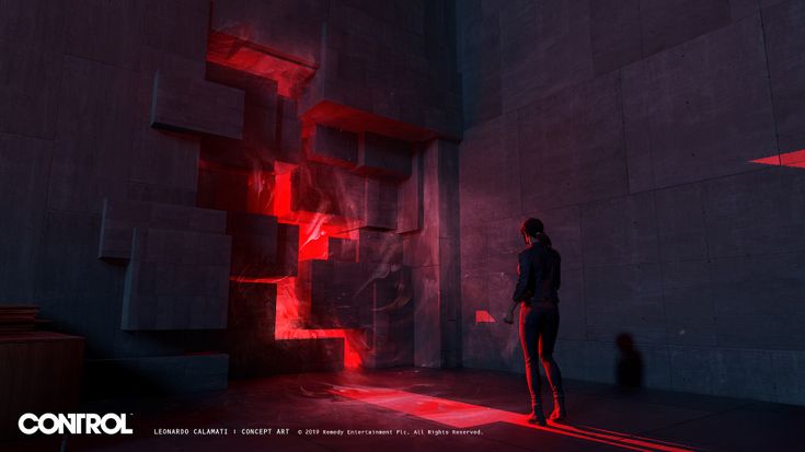 a concept art image from the video game control, featuring jesse faden standing in a room with concrete brutalist architecture and an anomaly emitting red light. the environment has a strong geometric design, and the red light adds a supernatural or paranormal element to the scene.