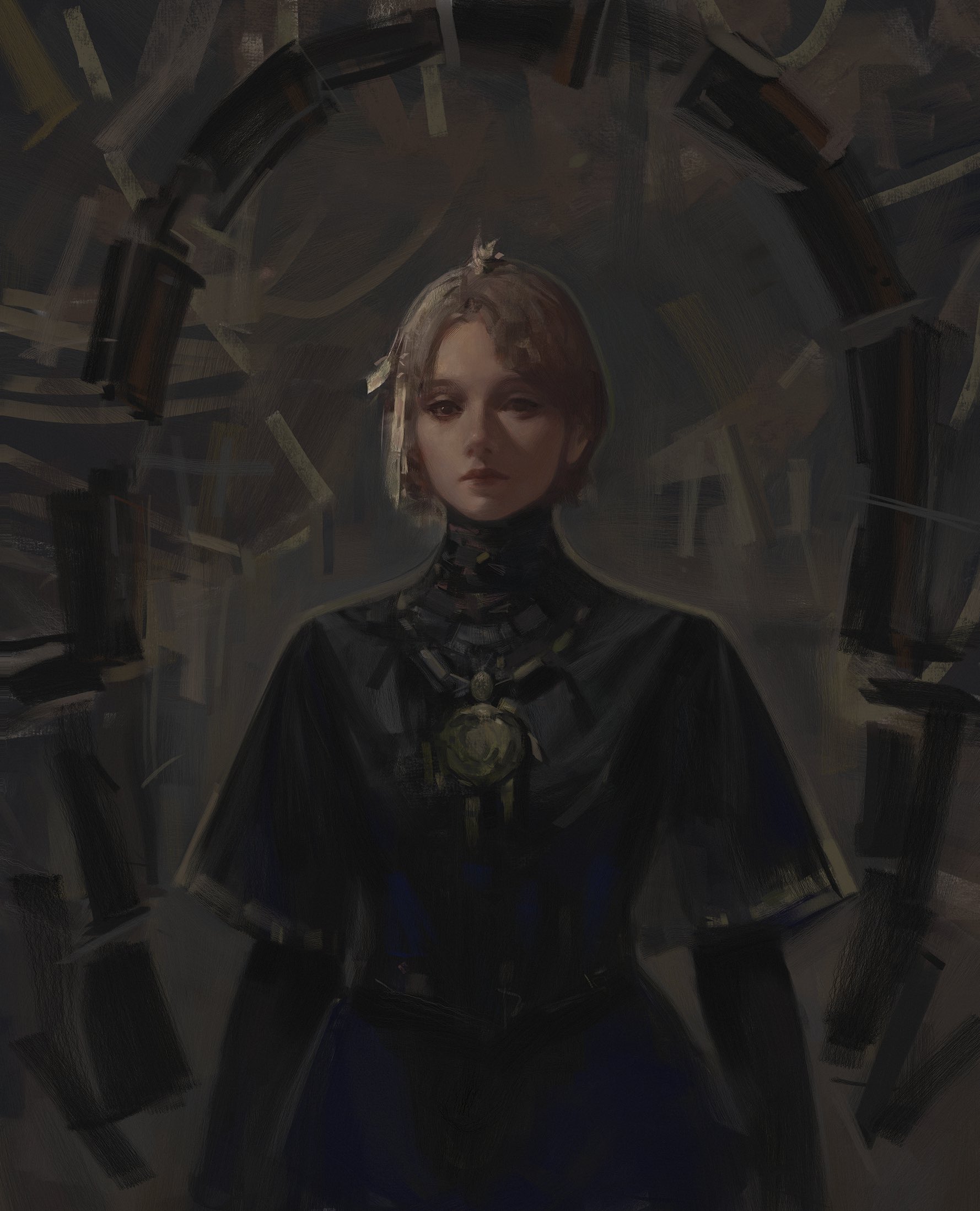 the image is a digital painting depicting a young woman with short, dark blonde hair. she's wearing a dark, almost black, dress with a high neck and what appears to be an ornate necklace with a large pendant.  her expression is serious and somewhat melancholic. the woman is positioned centrally, framed by an abstract background composed of dark, brushstrokelike shapes and lines that create a sense of depth and mystery. the overall mood is dark, atmospheric, and evocative of a gothic or fantasy setting. the style is painterly, with visible brushstrokes and texture contributing to the image's moody atmosphere. the muted color palette, dominated by grays and dark tones, enhances the somber and mysterious feel.
