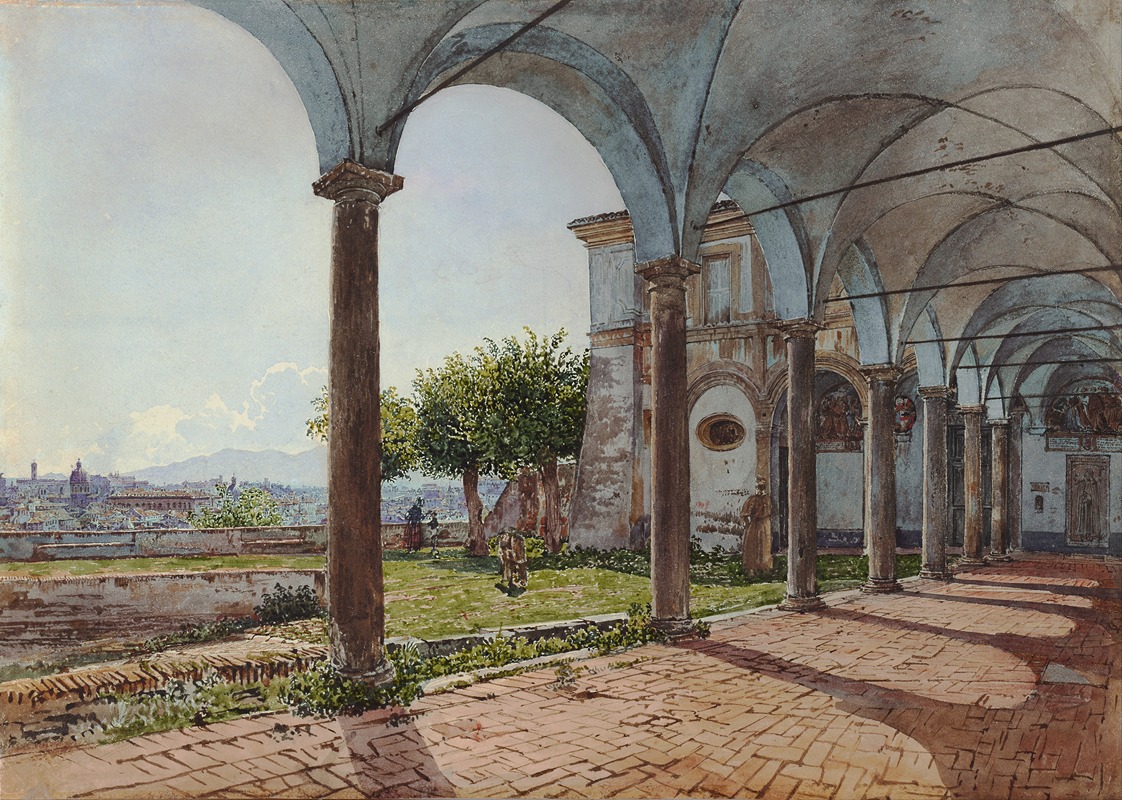 the image is a watercolor painting depicting a courtyard or cloister with a colonnade of arches supported by columns. the courtyard has brick paving in a herringbone pattern, and shadows from the columns are cast across it. beyond the colonnade, there is a green area with trees and figures. in the distance, a city landscape is visible with buildings and a hazy skyline. the scene appears to be from an old monastery or historical site, possibly in italy, perhaps rome from the gianicolo hill.