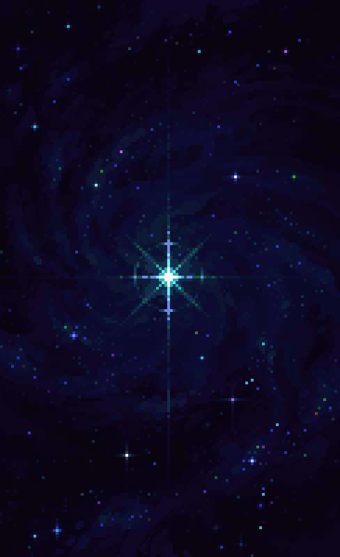 a stunning piece of pixel art depicting a vibrant star at the center of a dark, swirling nebula.  the star emits a bright, radiant light, contrasting sharply with the deep blues and purples of the surrounding space.  numerous smaller stars twinkle throughout the image, adding depth and scale to the cosmic scene. the pixelated style gives it a retro, almost video gamelike aesthetic.  the overall mood is one of awe and wonder, evoking the vastness and mystery of the universe.