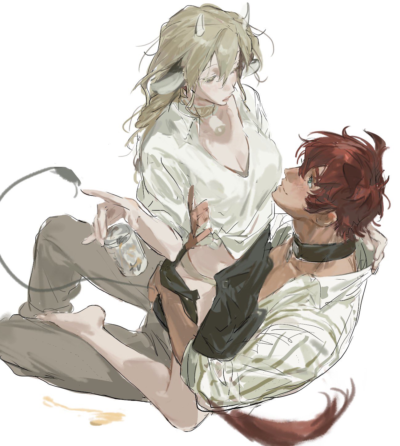 an anime couple sitting together, the male demon holding the female cowlike human in his arms. the male is wearing a white shirt with black accents, and the female is wearing a white top. both have long hair with the female's being blonde and the male's being red. the male is holding a jar in his hand. they appear to be in love.