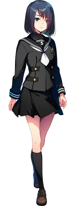 a full body digital illustration of an anime schoolgirl with short black hair with a blue tint, wearing a black sailor uniform and black stockings. she is looking to the side with a neutral expression and walking forward. the image is a closeup portrait taken from a side angle.