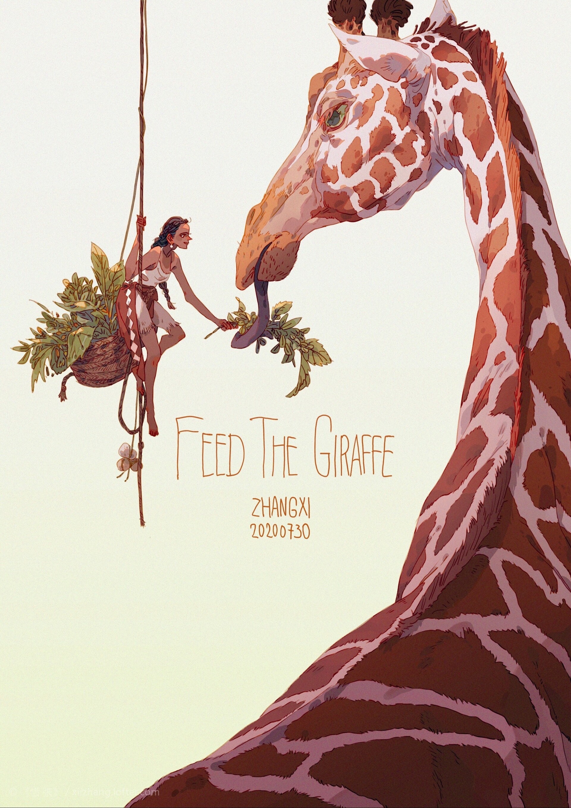 this is a digital illustration of a giraffe being fed by a young woman in a jungle. the woman is sitting on a swing and holding a branch of leaves for the giraffe to eat.  the giraffe is reaching down with its long tongue to take the leaves. the giraffe is brown with white spots and the woman is wearing a brown outfit with her hair pulled back. the background is a light green color.