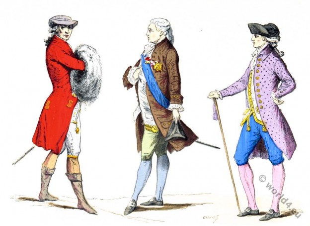 an illustration shows three men in 18thcentury fashion standing side by side. the man on the left wears a red coat, white breeches, and gray boots, holding a fur muff. the middle man is in a brown coat with a blue sash and light green breeches. the man on the right has a lavender coat, blue breeches, pink stockings, and a cane. each man wears a wig and hat. the illustration shows the style of clothing from the 18th century in france.
