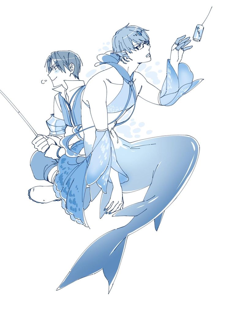 the image is a light blue, stylized animestyle drawing of two male characters. one character is sitting on the ground, holding a fishing rod, while the other is depicted as a merman with a flowing fishtail and a flowing, ornate top.  the merman is playfully interacting with a small floating object (possibly a toy). the overall style is delicate and whimsical, with soft lines and pastel coloring.  the drawing suggests a fantastical or magical setting.