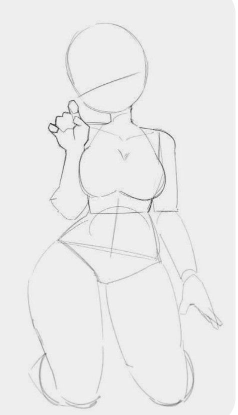 the image is a sketch of a woman kneeling with one hand raised near her face. the woman's face is a circle with a horizontal line marking where the eyes would go. the arms are depicted as rectangles, and the fingers are marked on the raised hand. the body is marked out with lines indicating curves and the upper part of the legs. the woman is kneeling on the ground. the image has a gray background.