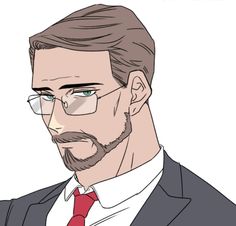 the image shows the headshot of a fictional man drawn in an anime/manga/manhwa style.  he appears to be an adult with neatly combed brown hair, a beard, and green eyes. he is wearing rectangular glasses, a white collared shirt, a red tie, and a dark gray suit jacket. he is facing to the left of the image with his head tilted down slightly and his eyes looking down and to the right.
