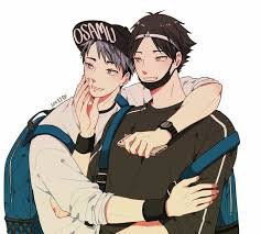 the image is a digital fanart depicting a close embrace between two animestyle boys.  one, wearing a cap that says "osamu," is hugging the other from behind. they appear to be close friends or romantically involved, exhibiting affectionate body language. their style suggests a manga or anime influence, possibly referencing a specific series due to the character designs. the background is plain, focusing attention on the characters. the overall mood is tender and intimate.