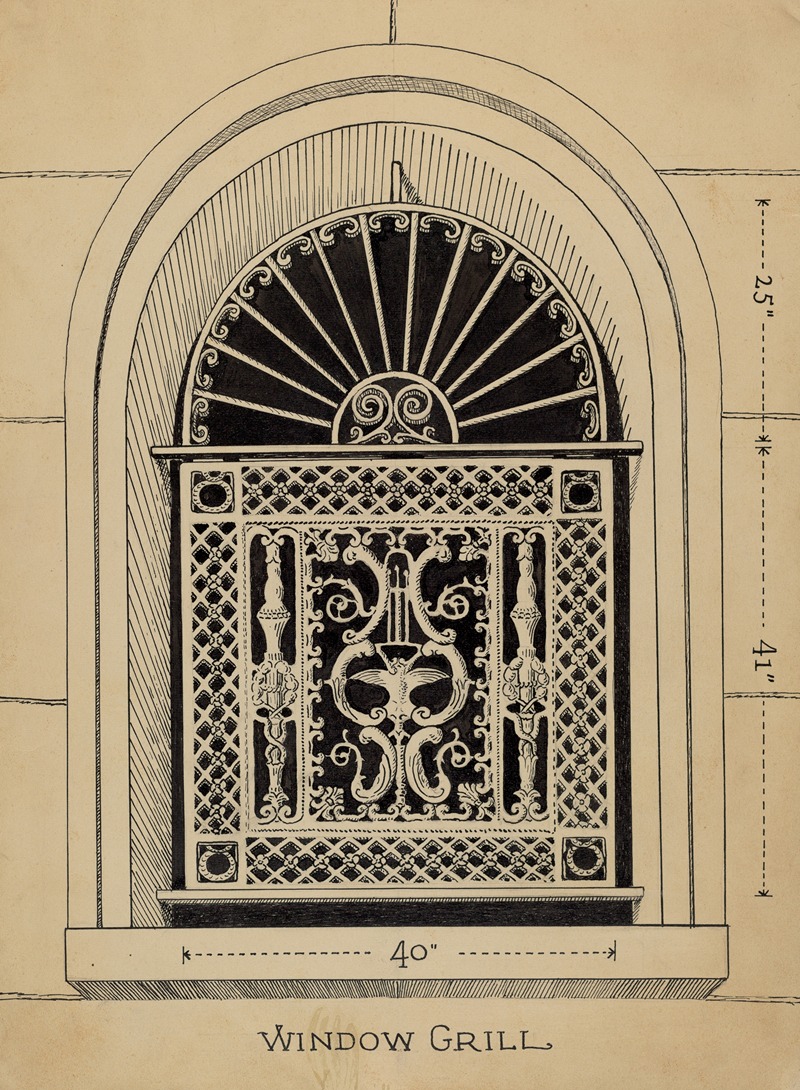 an architectural drawing of a window grill, featuring an ornate wrought iron design set within an arched window frame. the drawing includes dimensions and intricate decorative details.