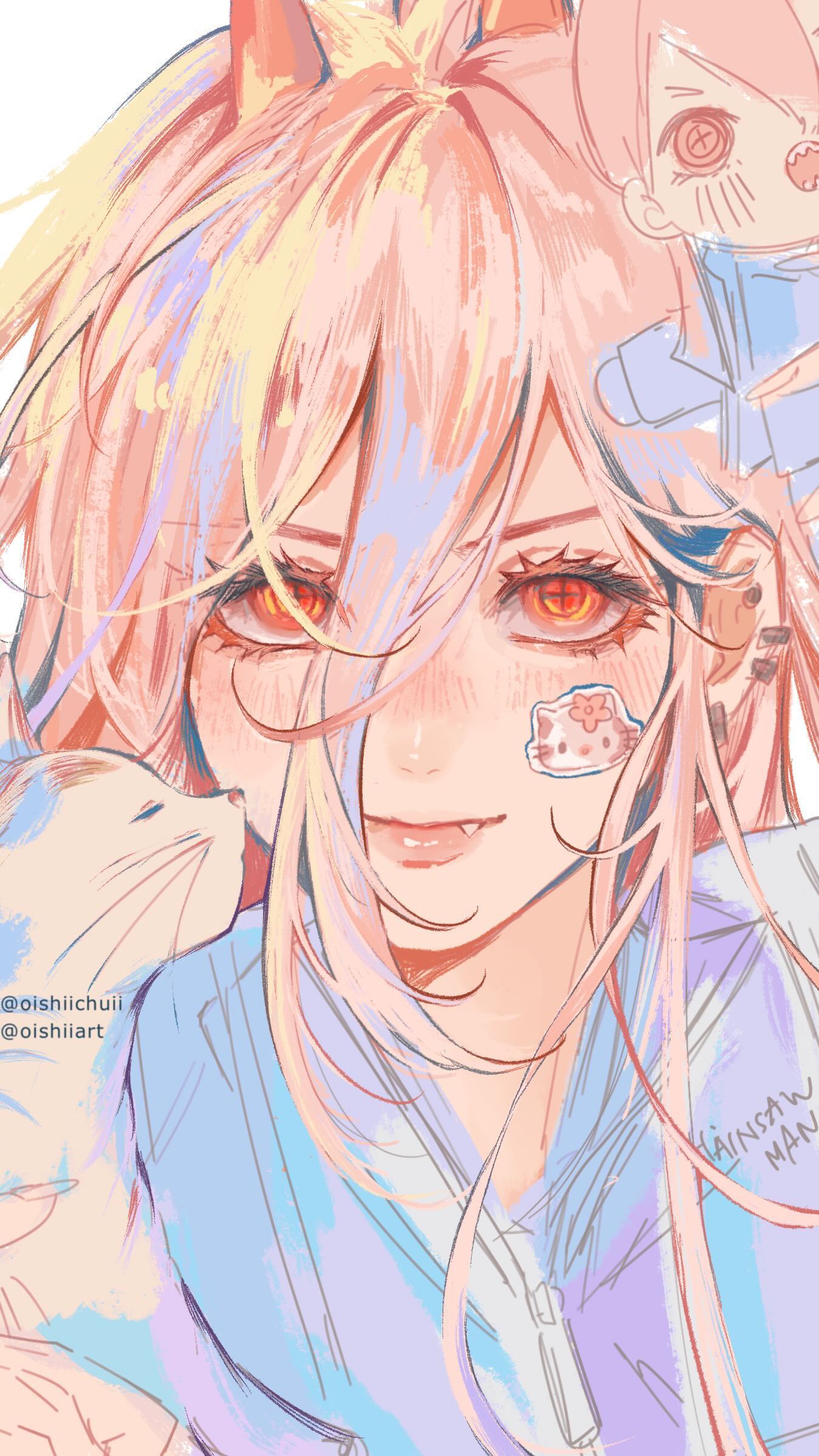the image is a digital drawing of an animestyle girl with long, pink hair and orange eyes.  she has small devil horns on her head and a bandage with a hello kittylike design on her cheek. she's wearing a pastelcolored jacket and holding a small, lightcolored kitten. the art style is soft and pastel, with a slightly sketchy, unfinished look. in the upper right corner, a smaller character resembling a chibi character is visible, though partially obscured. there is text in the bottom left corner which is a watermark or artist's signature, and "chainsaw man" is partially visible in the bottom right corner. the overall aesthetic is cute and dreamy.