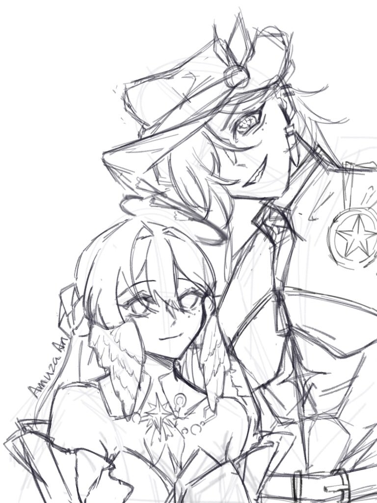 a sketch of two anime characters. one is a girl with short hair, wearing a dress with wings on her shoulders and a star emblem on her chest. the other is a man wearing a uniform with a hat and a star medal. the drawing is unfinished and done in a digital style.