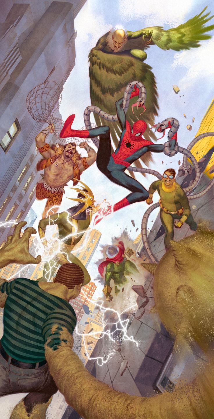 a comic book cover featuring spiderman, fighting against a group of villains. the villains are the green goblin, the sandman, doc ock, and the vulture. the scene takes place in a city with tall buildings, and a blue sky in the background.  spiderman is in the center of the image, surrounded by the villains. he is wearing his red and blue suit and his webshooters. the villains are all trying to attack him. the green goblin is flying in the air, while the sandman is on the ground and the vulture is on the building. doc ock is using his tentacles to attack spiderman. this is a classic battle between good and evil, and it is sure to be a thrilling read!