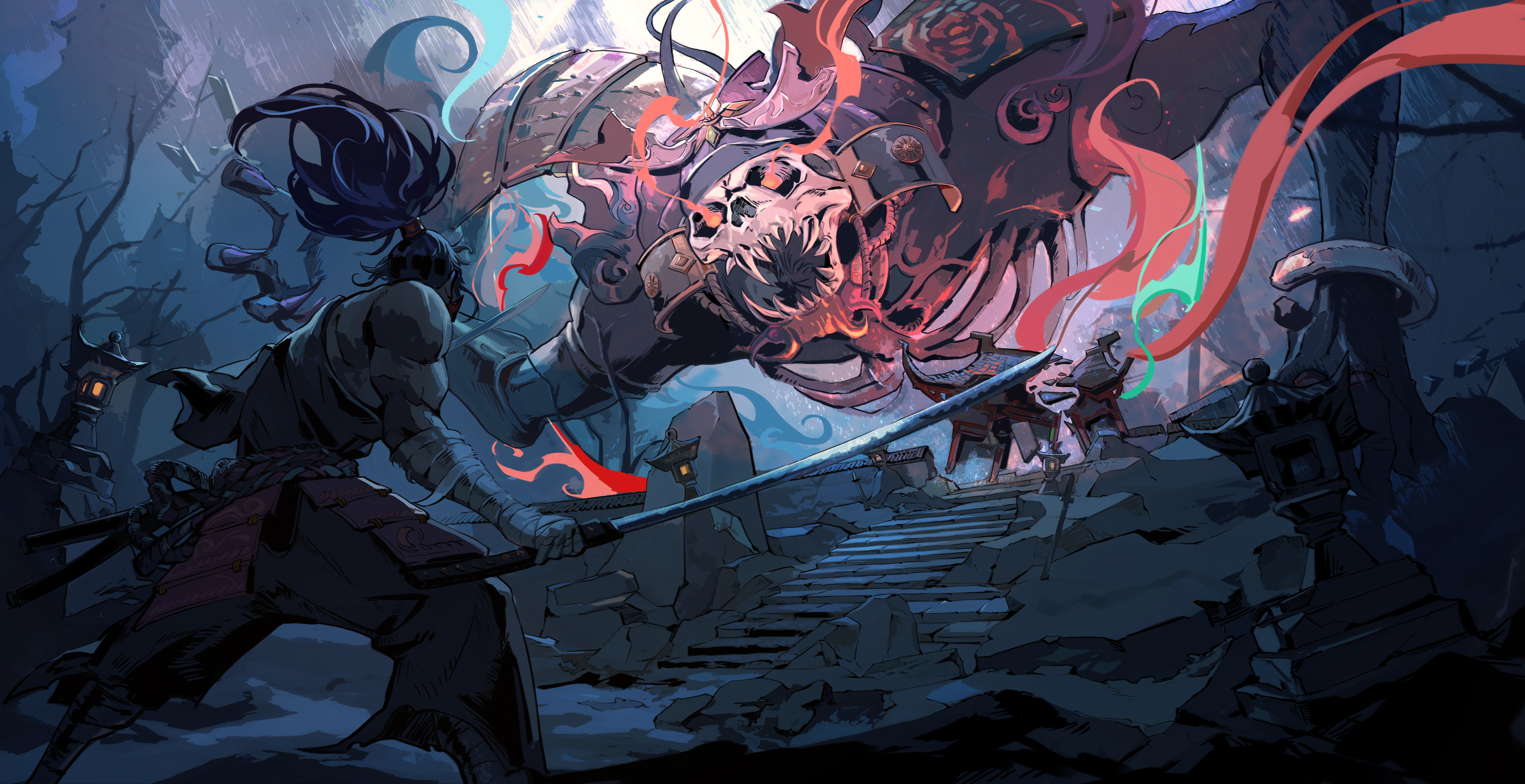 the image depicts a fierce battle between a lone samurai warrior and a menacing demon. the demon, a towering figure with a skulllike head and redcolored body, looms over the warrior, its presence filling the frame with dread. the samurai, holding a katana sword, stands his ground, his expression determined and fierce. the scene is set in a dark and atmospheric environment, with ruins, trees, and lanterns scattered around the battlefield. the sky is filled with dark clouds and hints of smoke, creating a sense of foreboding. the image is rendered in a dynamic and dramatic style, capturing the intensity of the fight and the samurai's unwavering resolve. the use of bold colors and contrast enhances the visual impact and draws the viewer's attention to the central conflict.