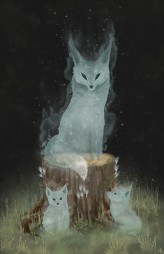 the image is a digital painting featuring a ghostly mother fox and two cubs in a forest setting. the mother fox sits on a tree stump, appearing ethereal and translucent. two fox cubs stand on the ground at the base of the stump, also with a spectral quality. the background is dark, suggesting a night scene, and the overall style of the artwork evokes a mystical and fantasy vibe.