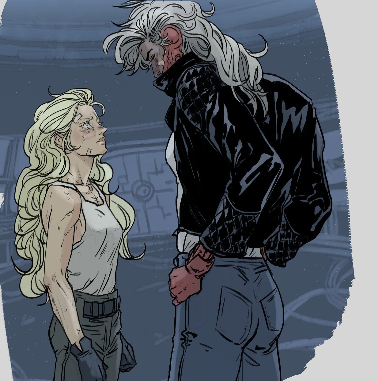 an illustrated image shows two women in a scifi setting. one woman, on the left, has blonde hair and wears a white tank top and grey pants. she is looking up at the other woman. the second woman, on the right, has red skin, long white hair, and is wearing a black leather jacket and jeans. she is much taller and has a more muscular build. the background is a detailed blue, with science fiction elements suggesting they are inside a spaceship or similar structure. both women appear to have scars on their faces.
