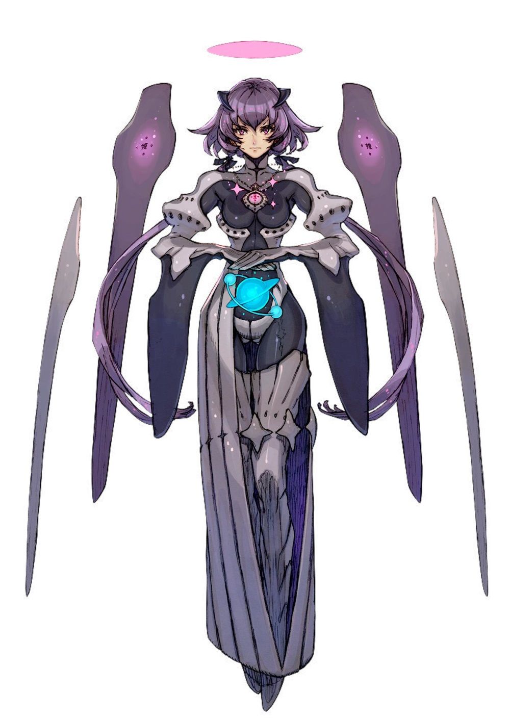 a female character with purple hair and pale skin is depicted in a standing pose against a white background. she has a halo above her head and large, feathered wings that appear to be mechanical. her attire consists of an intricate, formfitting suit with metallic elements, suggesting a blend of futuristic and angelic aesthetics. she holds a glowing blue orb in her hands, positioned in front of her abdomen. the overall design evokes a sense of power and otherworldly presence.