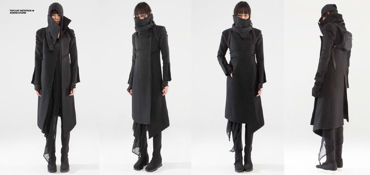 four models are posing in allblack outfits, each with a different style of coat. the coats are long and flowy, with hoods and scarves. the models are all wearing black pants and shoes. the backdrop is a simple white wall. the models are all posing in a way that showcases the unique designs of the coats.
