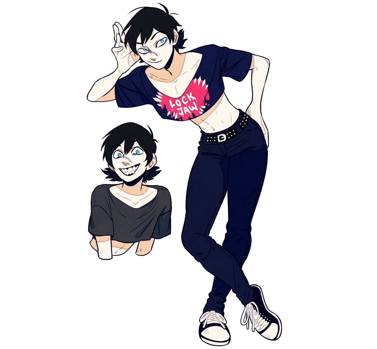 the image is a digital character design, showcasing a male character in two poses. he has black hair with blue eyes, one of which has a scar. he is wearing a black cropped tshirt with a pink heart graphic and the words "lock jaw", black pants, and white sneakers. he has a bandage on his left arm. the poses showcase his playful and slightly edgy personality.  the drawing style leans towards anime/manga, utilizing bold outlines and vibrant colors against a clean white background.